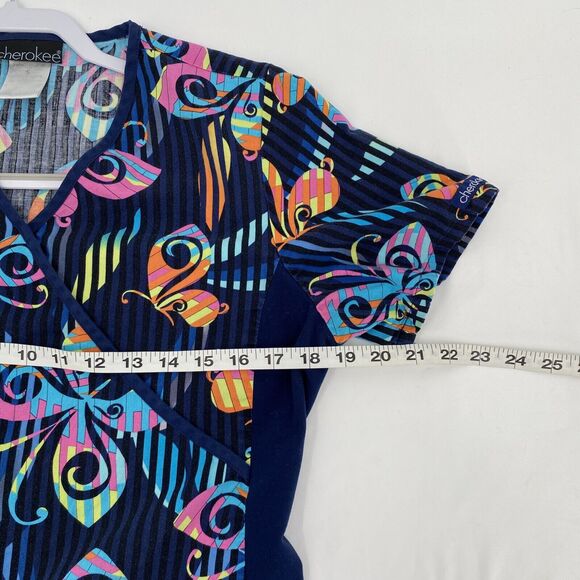 Cherokee Womens Printed Stretch Mock Wrap Knit Panel Scrub Top Navy Blue Size S - Picture 7 of 7